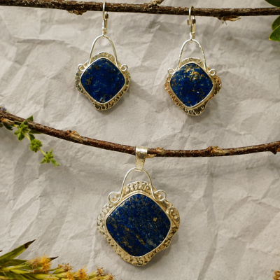 Conjunto Colgante Plata y Lapislazuli Rombo con Aplicación