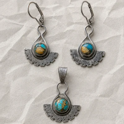 Conjunto Plata Colgante y Aros Abanico Turquesa Mohave